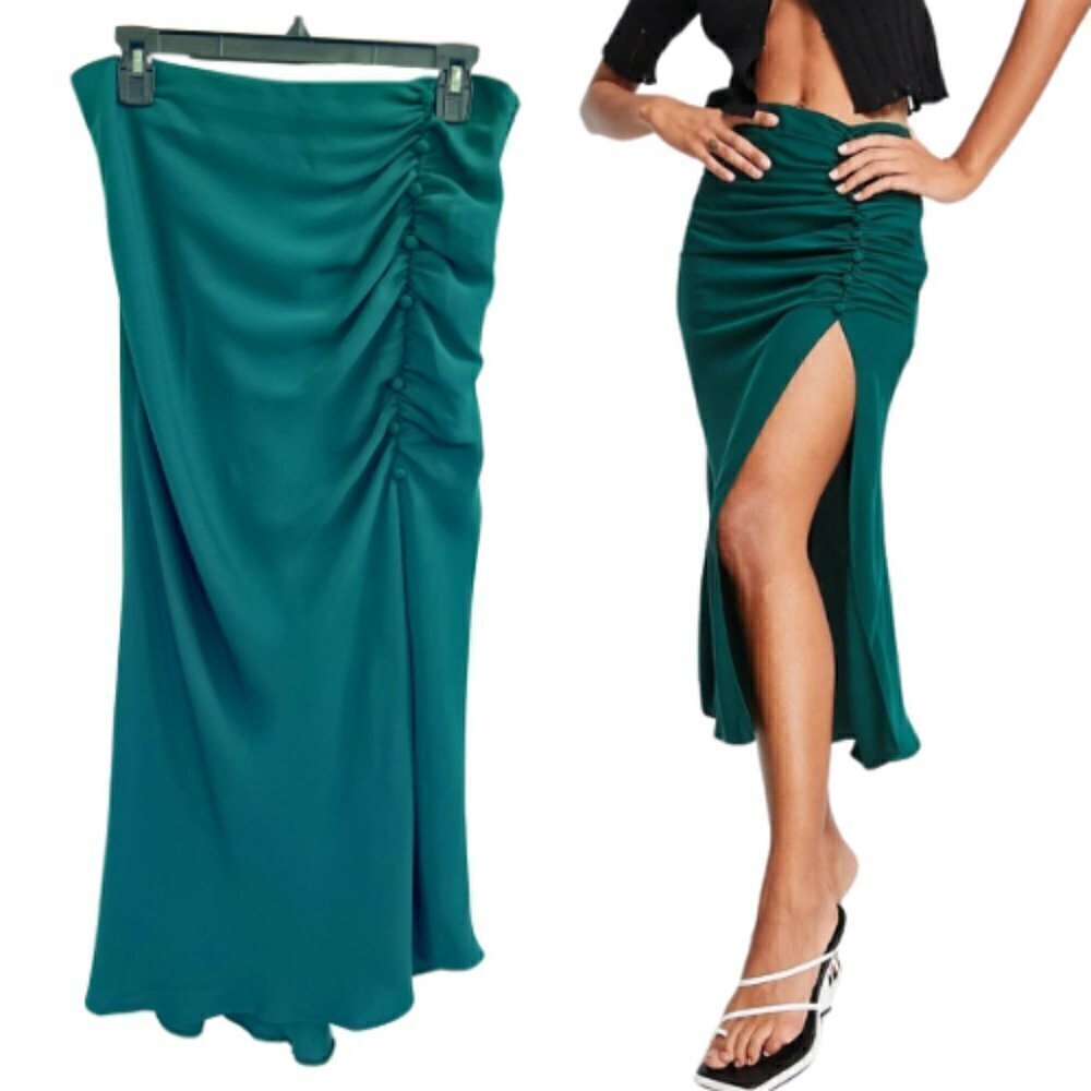 ASOS DESIGN Midi Skirt with Ruched Side and Button Detail Dark Green Size 10